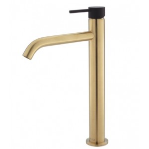 Kaya Tall Basin Mixer, Urban Brass With Matte Black Handle